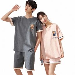 new Cott Summer Leisure Couple Sleeve Pyjamas Prints For Carto Nightwear Men Sleepwear Pjs Short Women Home Matching Set And g9AZ#