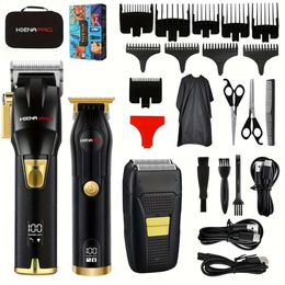 3pcs Professional Cordless Set USB Rechargeable Beard Trimmer and Shaver for Men - Electric Hair Clipper Kit