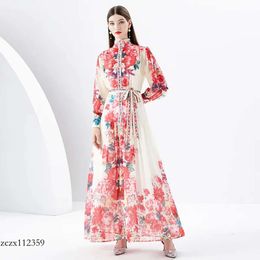 2024 Latest Model Women Elegant Floral Maxi Dress With Belt Spring Autumn Designer Stand Collar Lace Up Waist Vacation Bohemian Dresses 2023 Lantern Sleeve Cute