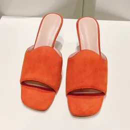 Summer 2024 New Fashion Elegant Female Slippers Kid Suede Material Banquet Square Head High Heel Sandals Solid Colours Upper Comfortable Texture Women's Pumps