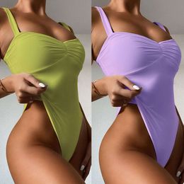 Gorgeous new bikini one piece solid color wrinkled sexy swimsuit woman