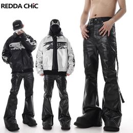 REDDACHIC Schwarze, mit Wachs beschichtete Schlagjeans für Herren, dehnbar, tailliert, matt strukturiert, Bootcut-Hose, fließender Gürtel, Vintage-Y2k-Hip-Hop-Hose 240320