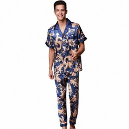 ssh021 Autumn Summer Loungewear Short Sleeves Lg Pants Pyjama Set Men Printed Satin Silk Pyjamas Male Pyjamas Pijama Sleepwear W2tY#