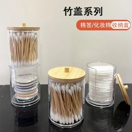 Makeup Organizer Cosmetic Storage Box Bathroom Jar Cotton Swab Cotton Pad Jewelry Organizer Bamboo Cover Round Storage Container