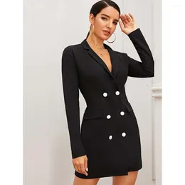 Men's Suits Sexy Black Women's Blazer Double Breasted Notch Lapel Above Knee Long Jacket One Piece Slim Fit Formal Work Office Dress