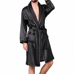 men Satin Bathrobe with Belt Adults Ctrast Colour Lg Sleeve V-neck Night Robe with Pockets L4Z6#