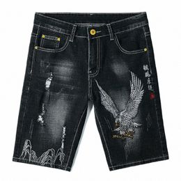 summer Embroidered Eagle Denim Shorts Men's Summer Thin Fit Good Quality Ripped Five Points Pirate Shorts Q5Vm#