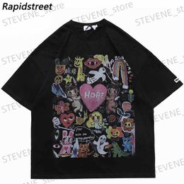 Men's T-Shirts 2023 Men Oversize T Shirt Hip Hop Strtwear Painting Letter Heart Rainbow Angels Graphic Tshirt Harajuku Cotton T-Shirt Unisex T240325