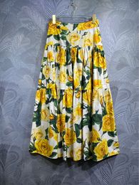 100% Cotton Skirt Spring Summer Women Fashion Yellow Rose Flower Printed Party Vacation Half Dress High Street Casual Wear