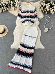 Work Dresses SINGREINY Summer Beach Knitted Two Pieces Suits Loose T Shirt Long Skirt Sets High Street Elastic Waist Striped Casual