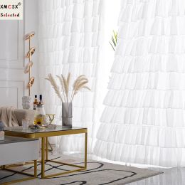 Curtains French Fashion Solid White Opaque Lace Curtain Princess MultiLayer Romantic Ruffles Window Drape for Girl's Bedroom Deco Fabric