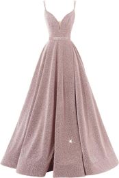 Elegant Long Pink Glitter V-Neck Evening Dresses With Pockets/Slit A-Line Spaghetti Straps Floor Length Zipper Back Prom Dresses for Women