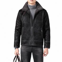 wool Lamb Mens Slim Short Fur Collar Biker Jacket Thicken Pockets Zippers Leather Coat Winter Casual Warm Aviator Jackets s98t#