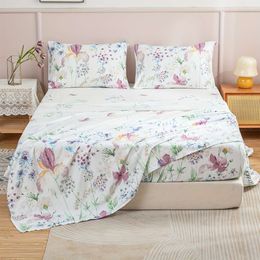 4pcs Flower Printed Fitted Set, Bedding Set for Bedroom Guest Room Hotel ( 1*flat 1*fitted Sheet + 2*pillowcase, Without Core)