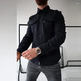 Men's Casual Shirts Fashion Single Breasted Solid Cardigan T-shirt Long Sleeve Tops Loose Cargo Tees Streetwear Men Woolen