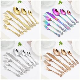 4pcs Gold Cutlery Set European Style Stainless Steel Spoon Fork Royal Steak Knife Retro Hollow Design Dinnerware Set Home Decor