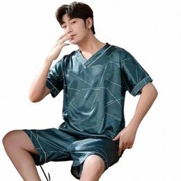 2024men's Pajamas Short Sleeved Summer Ice Silk Home Clothing Men's Summer Casual Thin Cardigan Men Sleepwears Set Home Clothing o0Ui#