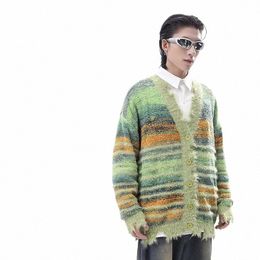striped Colour Block Knitted Sweater Cardigan Man Woman Fi V-neck Knitwear Coats High Street Unisex Harajuku Loose Sweaters r8z4#