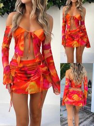 Skirts Women S Summer 2Pcs Outfits Tie-Dye Print Off Shoulder Long Sleeve Cropped Tops Ruched Drawstring Mini Skirt Set Party Clothes