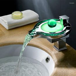 Bathroom Sink Faucets LED Glowing Pearl Waterfall Basin Faucet.Single Handle Chrome Water Light Deck Mounted Mixer Tap For Bathroom.