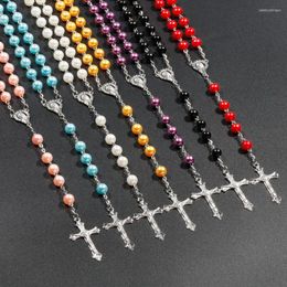 Pendant Necklaces Multicolor Beads Rosary Necklace Men And Women Long Imitation Pearl Cross Faith Necklace.