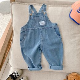 Spring Children Denim Jumpsuit 17Years Toddler Kid Boy Girl Pocket Loose Suspender Long Pant Jeans Fashion Overalls Clothes 240307