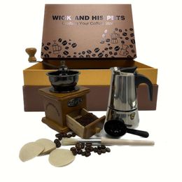 5pcs/set - Promote the Art of Coffee, Stovetop Espresso Vintage Wooden Manual Grinder & Moka Pot Box, Maker Coffee Bar Accessories Coffeeware Gift