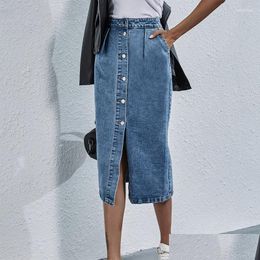 Skirts Europe And America Single Breasted Knee Length Denim Skirt Women Streetwear Casual Pocket High Waist Straight Jeans Drop Delive Otxaw