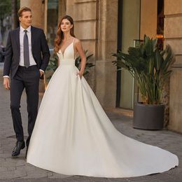 Classy Long V-Neck Satin Wedding Dresses With Pockets A-Line Spaghetti Ivory Court Train Zipper Back Bridal Gowns for Women