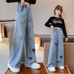 Fashion Teenager Girls Denim Wide Leg Pants Children Trousers Spring Autumn Love Pattern Jeans 514 Years Kids Clothes 240318