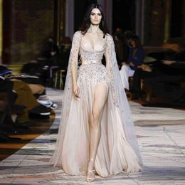 Dubai Champagne Dresses Said Sharon Evening 2024 Celebrity Beaded Tassel High Slit Arabic Women Wedding Party Dress Ss376