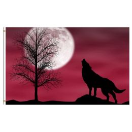 Accessories Howling Wolf Flag Dark Cloudy Night Round Moon Tree Hillside Animal Flag Big Flag for Outdoor Indoor Workplace Home Garden Decor
