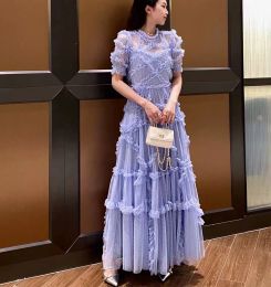 Gadgets Elegant Spring and Summer 2023 Women Retro Gauze Hollowed Embroidered Round Neck Wooden Ear Side Swing Dresses