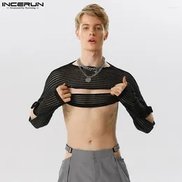 Men's T Shirts INCERUN Men Shirt Mesh Transparent Hollow Out Sexy O-neck Long Sleeve Male Crop Tops Streetwear 2024 Fashion Camisetas S-5XL