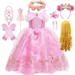 Aurora Pink Princess Dress Girl Sleeping Beauty Cosplay Costume Summer Floral Rose Print Sling Frocks 2-10 Yrs Kids Elegant Gown 240314