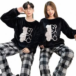 men's Winter Coral Veet Homewear Lg-Sleeved Thickened Warm Pajamas Padded Loose Comfortable Two-Piece Set s1St#