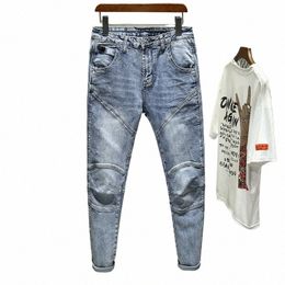 men's Slim Fit Stretch Skinny Jeans Fi Splicing Motorcycle Jeans Pants Small Feet Streetwear Hip Hop Denim Trousers F8ib#