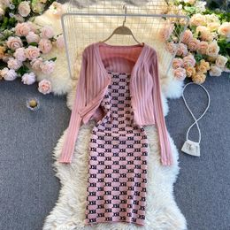 YuooMuoo Women Dress Set 2023 Spring Autumn Fashion Y2K Knitted Chains Straps Mini Full Sleeve Cardigans Coats 240323