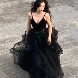 2024 New Sling Evening Dress French Light Luxury Bounce Skirt Black Art Exam Escape Princess