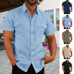 Men's Casual Shirts Men Shirt Breathable Solid Colour Summer With Chest Pockets Turn-down Collar Lightweight Stylish