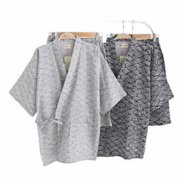 men Japanese Style Kimo Stripe Pajamas Set Summer Short Sleeve Yukata Tops Robe Shorts Pants Bathrobes Sleepwear Suit Homewear l4pN#