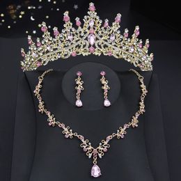 Princess Pink Jewelry set Women Bridal Crown for Wedding Dress Necklace Dangle Earrings Sets Bride Tiaras Set Jewelry 240315