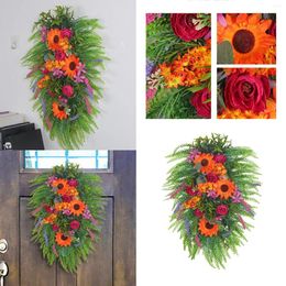 Decorative Flowers Spring Summer Fall Front Door Sunflower Floral Teardrop Wreath For Home Wedding Rustic Cottage Metal