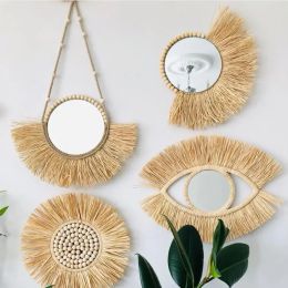 Mirrors home decor Hanging Mirror Raffia Wood Beads Acrylic Multifunct Decorative Decorations Bedroom Decorative Wall Mirror room decor