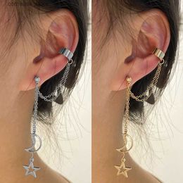 Ear Cuff Ear Cuff Vintage pendant metal pendant earrings with long chain earring clip suitable for women silver gold star and moon earrings jewelry Y240326