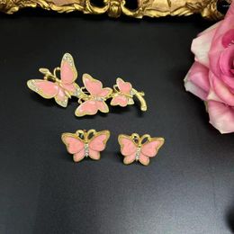 Stud Earrings Vintage Enamel Sweet Pink Butterfly Earring Brooch Set