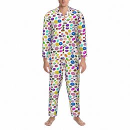 Colourful Doughnut Pyjama Sets Sweet Food Print Warm Sleepwear Unisex Lg-Sleeve Casual Loose Sleep 2 Pieces Nightwear Plus Size n9EP#