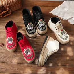 Women Canvas Shoes Embroidery Tang Style Girls High Top Sneaker Female Cotton Hemp Chinese Hand Made Boots 240307