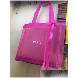 Storage Bags Classic Pink Pouch Shop Mesh Bag With Ribbon Fashion Style Travel Beach Women Wash Case Cosmetic Makeup Drop Delivery H Dhxe7