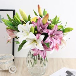 Two Flowers and One Bud Single Lily Artificial Flower Wedding Decoration Home el Restaurant Office Outdoor Garden 240320